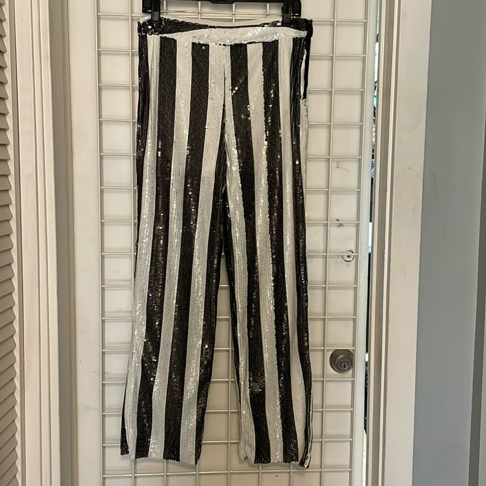 ZARA black & white sequin stripe pant trouser sz medium